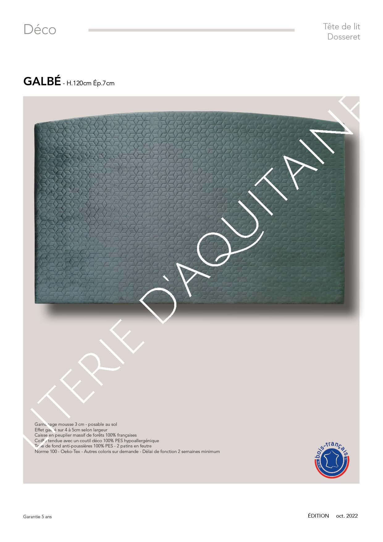 Garnissage mousse 1 cm - posable au sol Effet galbé sur 4 à 5cm selon largeur Caisse en peuplier massif de forêts 100% françaises Coiffe tendue avec un coutil déco 100% PES hypoallergénique Toile de fond anti-poussières 100% PES Norme 100 - Oeko-Tex - Autres coloris sur demande - Délai de fonction 2 semaines minimum