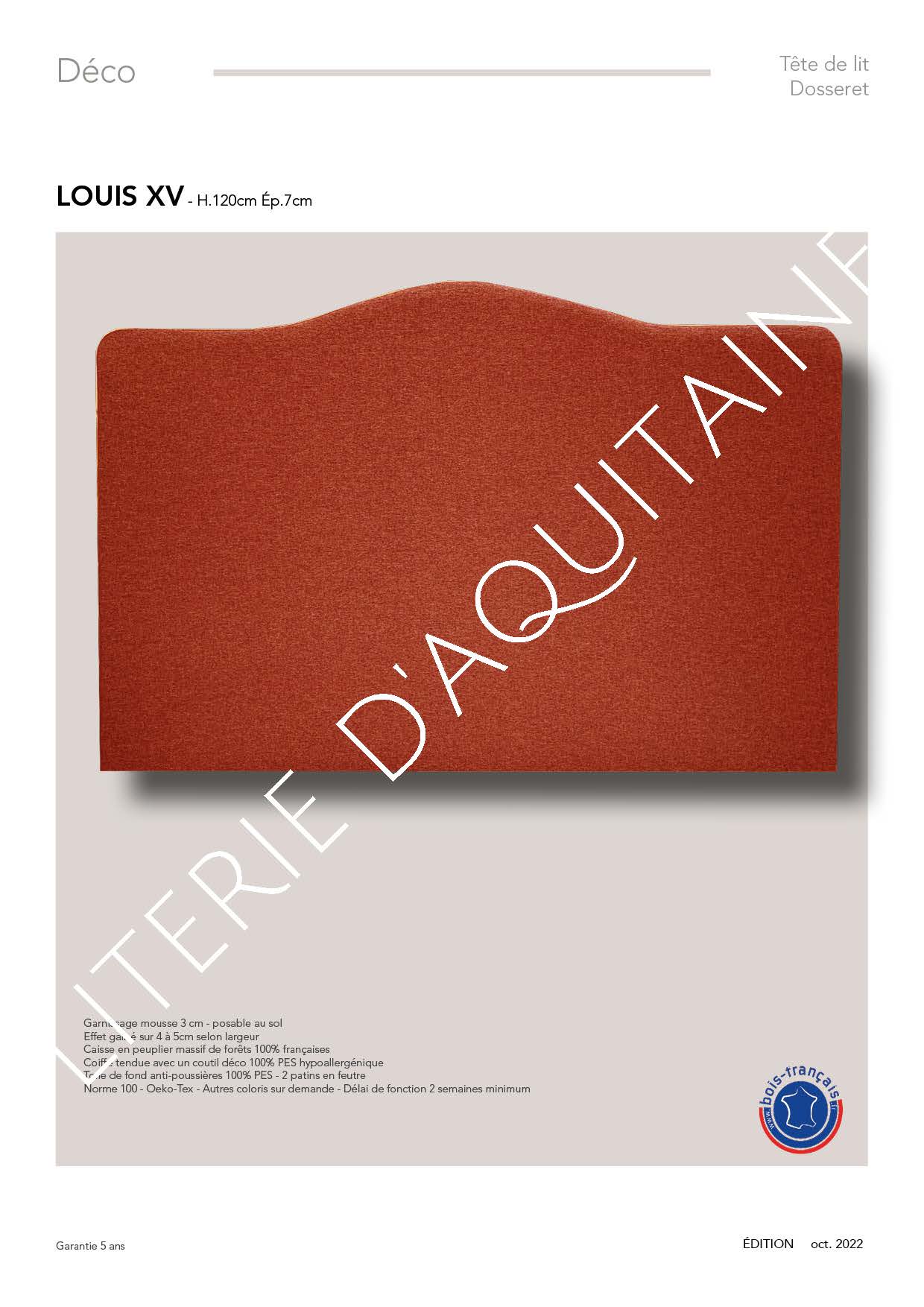 Garnissage mousse 1 cm - posable au sol Effet Châpeau de Gendarme sur 5cm Caisse en peuplier massif de forêts 100% françaises Coiffe tendue avec un coutil déco 100% PES hypoallergénique Toile de fond anti-poussières 100% PES Norme 100 - Oeko-Tex - Autres coloris sur demande - Délai de fonction 2 semaines minimum