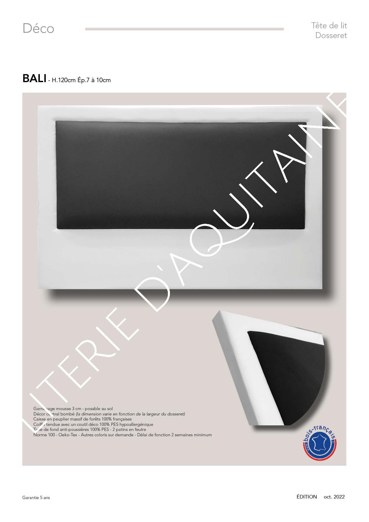 Garnissage mousse 3 cm - posable au sol Décor central bombé (la dimension varie en fonction de la largeur du dosseret) Caisse en peuplier massif de forêts 100% françaises Coiffe tendue avec un coutil déco 100% PES hypoallergénique Toile de fond anti-poussières 100% PES Norme 100 - Oeko-Tex - Autres coloris sur demande - Délai de fonction 2 semaines minimum