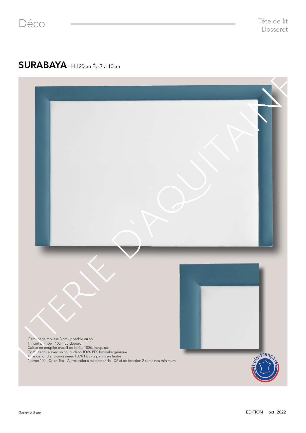 Garnissage mousse 3 cm - posable au sol contour décor bombé (la dimension varie en fonction de la largeur du dosseret) Caisse en peuplier massif de forêts 100% françaises Coiffe tendue avec un coutil déco 100% PES hypoallergénique Toile de fond anti-poussières 100% PES Norme 100 - Oeko-Tex - Autres coloris sur demande - Délai de fonction 2 semaines minimum