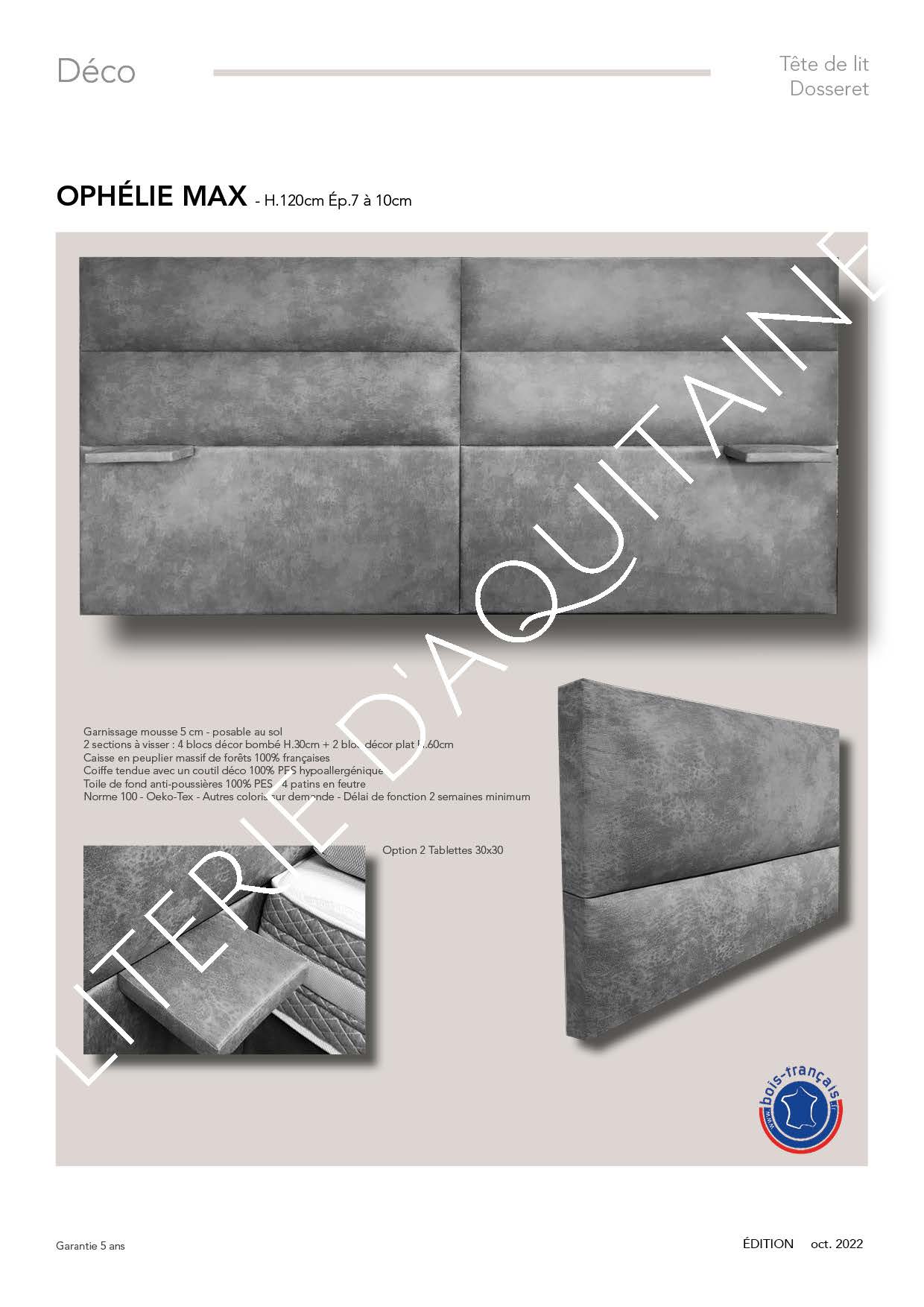 Garnissage mousse 3 cm - posable au sol 2 sections à visser : 4 blocs décor bombé H.30cm + 2 bloc décor plat H.60cm Caisse en peuplier massif de forêts 100% françaises Coiffe tendue avec un coutil déco 100% PES hypoallergénique Toile de fond anti-poussières 100% PES Norme 100 - Oeko-Tex - Autres coloris sur demande - Délai de fonction 2 semaines minimum - Option 2 Tablettes 30x30