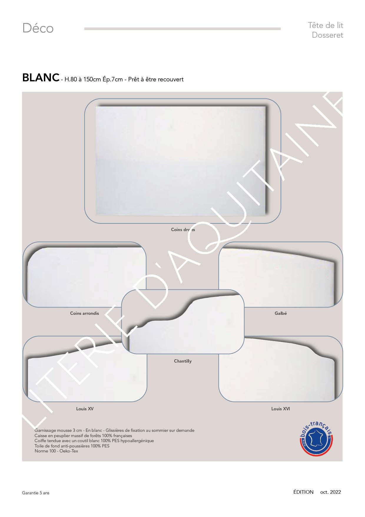 Garnissage mousse 3 cm - En blanc prêt à être décoré - Glissières de fixation au sommier sur demande Caisse en peuplier massif de forêts 100% françaises Coiffe tendue avec un coutil blanc 100% PES hypoallergénique Toile de fond anti-poussières 100% PES Norme 100 - Oeko-Tex