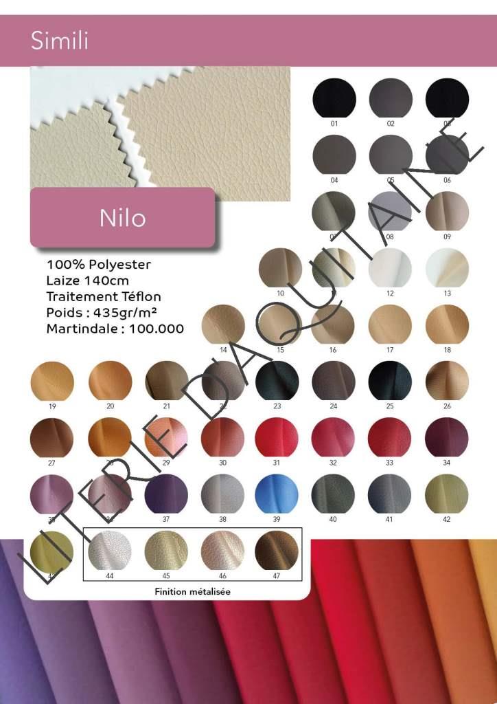 SIMILI SKAÏ NILO FROCA 100% Polyester Laize 140cm Traitement Téflon Poids : 435gr/m² Martindale : 100.000 47 coloris dont 4 coloris métalisé
