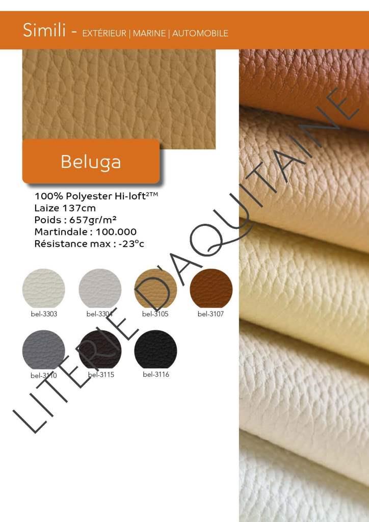 SIMILI SKAÏ 100% PES NON FEU EN597 1&2 - BELUGA FLAME RETARDANCY 1 EU: EN 1021 Part 1 & 2 US: CAL TB 117-2013, Section E DE: DIN 4102 B2 IMO FTP 2010 Code MSC.307 (88) Part 8 3.1 & 3.2 US: FMVSS 302 (MED) Marine Equipment Directive (in its current valid version) FINISHES AND TREATMENTS Antibacterial Protection PERMAGUARD® Anti-stain Finish >100.000 cycles Martindale (EN ISO 12947:1999 Part 2) Cold Crack -23ºC Mildew resistant backing and face UV-Resistance XENOTEST DIN 54004/ NTC 1479 QUV: ASTM D-4329/ CFFA-2 c2- Grey Scale / ISO 105 X12-A02 Sulfide Stain Resistant Anti-static Finish 7 coloris