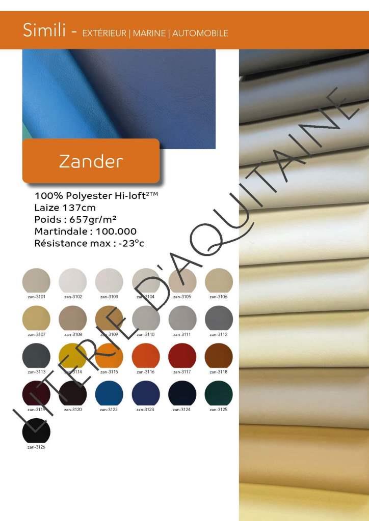 SIMILI SKAÏ 100% PES NON FEU EN597 1&2 - ZANDER FLAME RETARDANCY 1 EU: EN 1021 Part 1 & 2 US: CAL TB 117-2013, Section E DE: DIN 4102 B2 IMO FTP 2010 Code MSC.307 (88) Part 8 3.1 & 3.2 US: FMVSS 302 (MED) Marine Equipment Directive (in its current valid version) FINISHES AND TREATMENTS Antibacterial Protection PERMAGUARD® Anti-stain Finish >100.000 cycles Martindale (EN ISO 12947:1999 Part 2) Cold Crack -23ºC Mildew resistant backing and face UV-Resistance XENOTEST DIN 54004/ NTC 1479 QUV: ASTM D-4329/ CFFA-2 c2- Grey Scale / ISO 105 X12-A02 Sulfide Stain Resistant Anti-static Finish 25 coloris