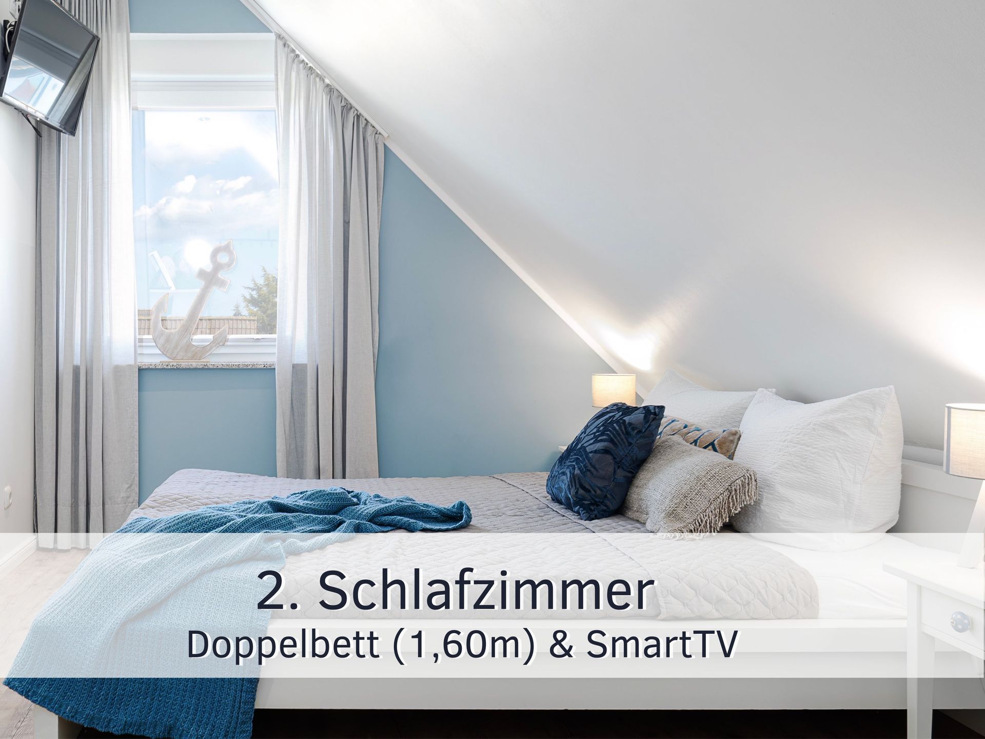 Fewo Lotsenbude - 5 P. - Blick in Schlafzimmer 2 mit einem 1,60m Bett und SmartTV