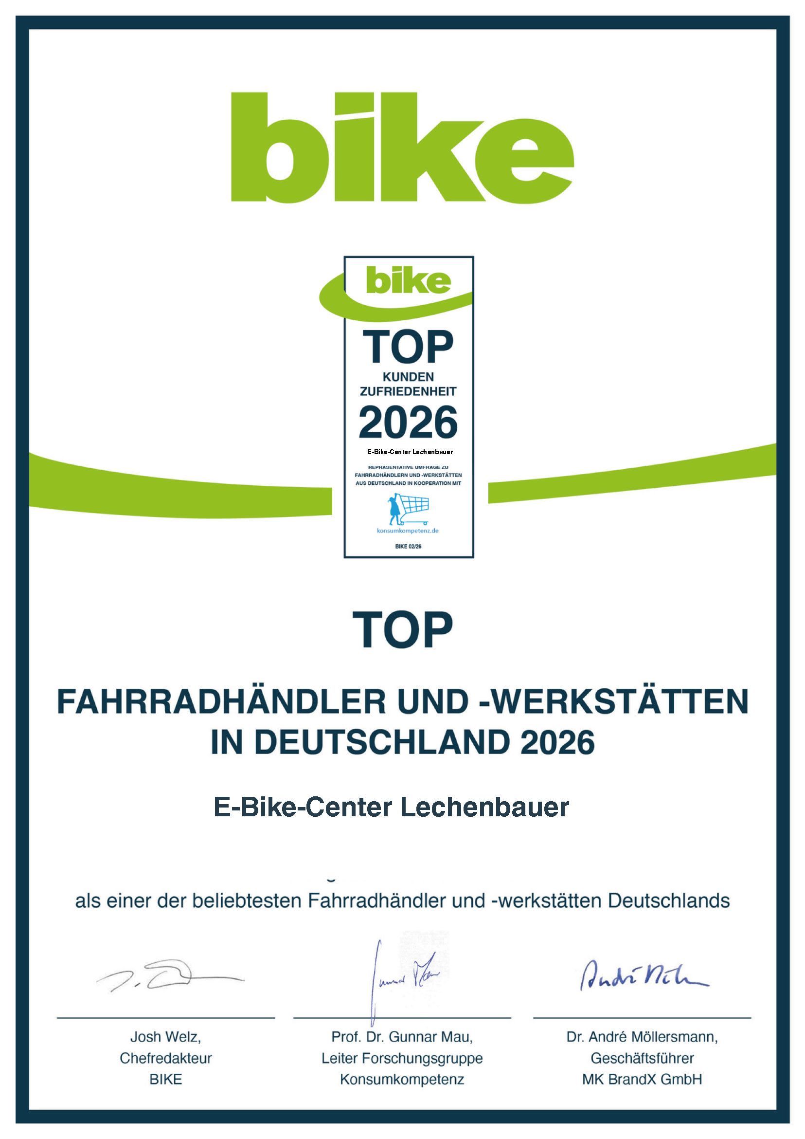 Urkunde der Zeitschrift Bike für die besten Werkstätten Deutschlands