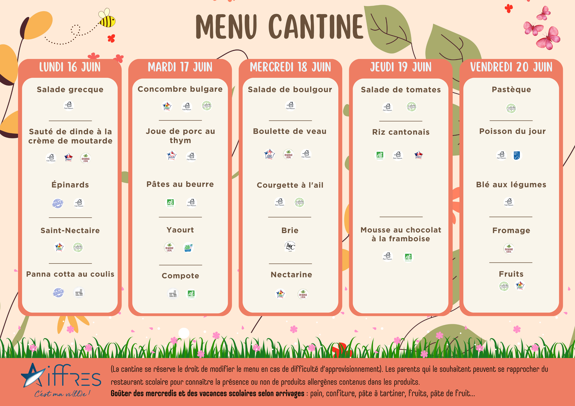 Menu cantine du 30 décembre au 3 janvier