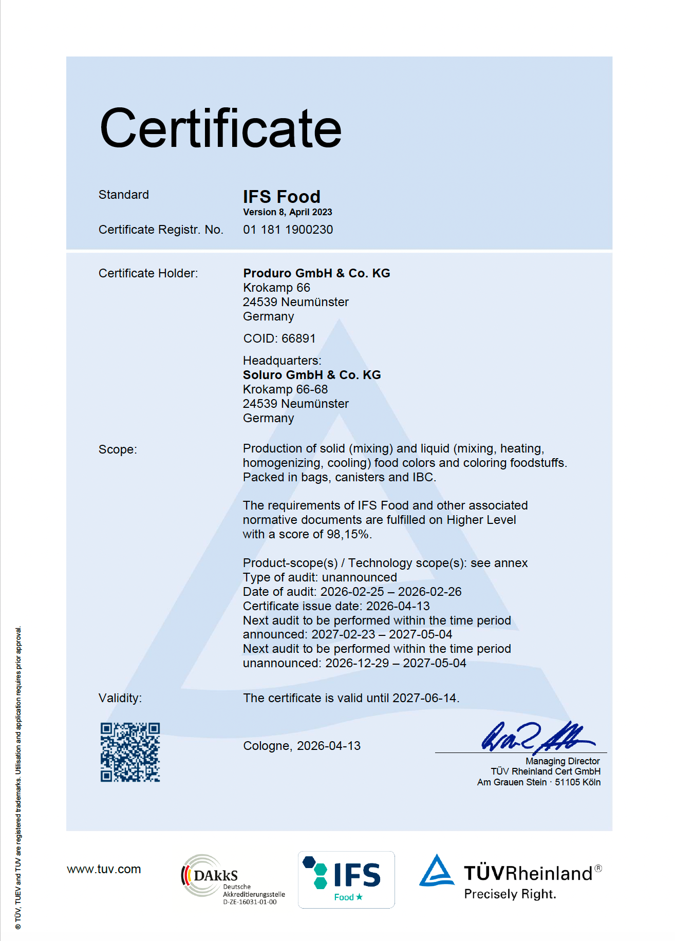 Soliuro IFS Food Certificat