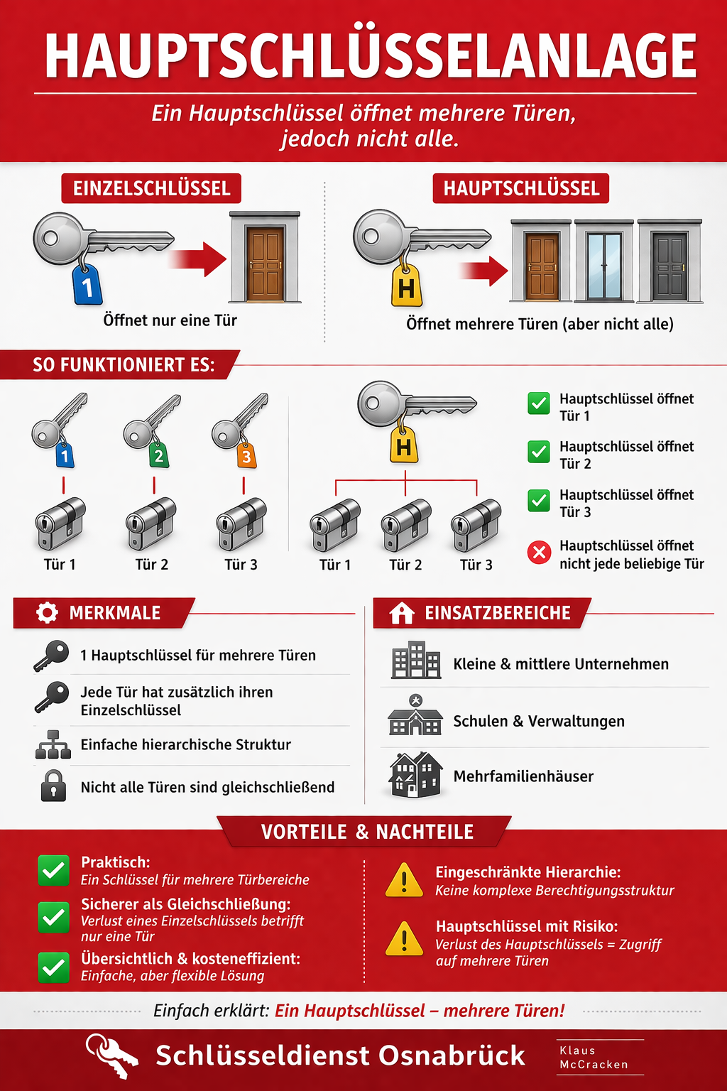 Infografik Hauptschlüsselanlage vom Schlüsseldienst Osnabrück Klaus McCracken: Darstellung eines hierarchischen Schließsystems, bei dem Einzelschlüssel jeweils nur eine Tür öffnen, während ein Hauptschlüssel mehrere ausgewählte Türen wie Büro, Eingang oder Lager bedienen kann. Erklärung des Funktionsprinzips mit unterschiedlichen Codierungen, Einsatzbereiche in Unternehmen, Mehrfamilienhäusern und Gewerbe sowie Vorteile wie gezielte Zutrittskontrolle und Nachteile wie Risiko bei Verlust des Hauptschlüssels.
