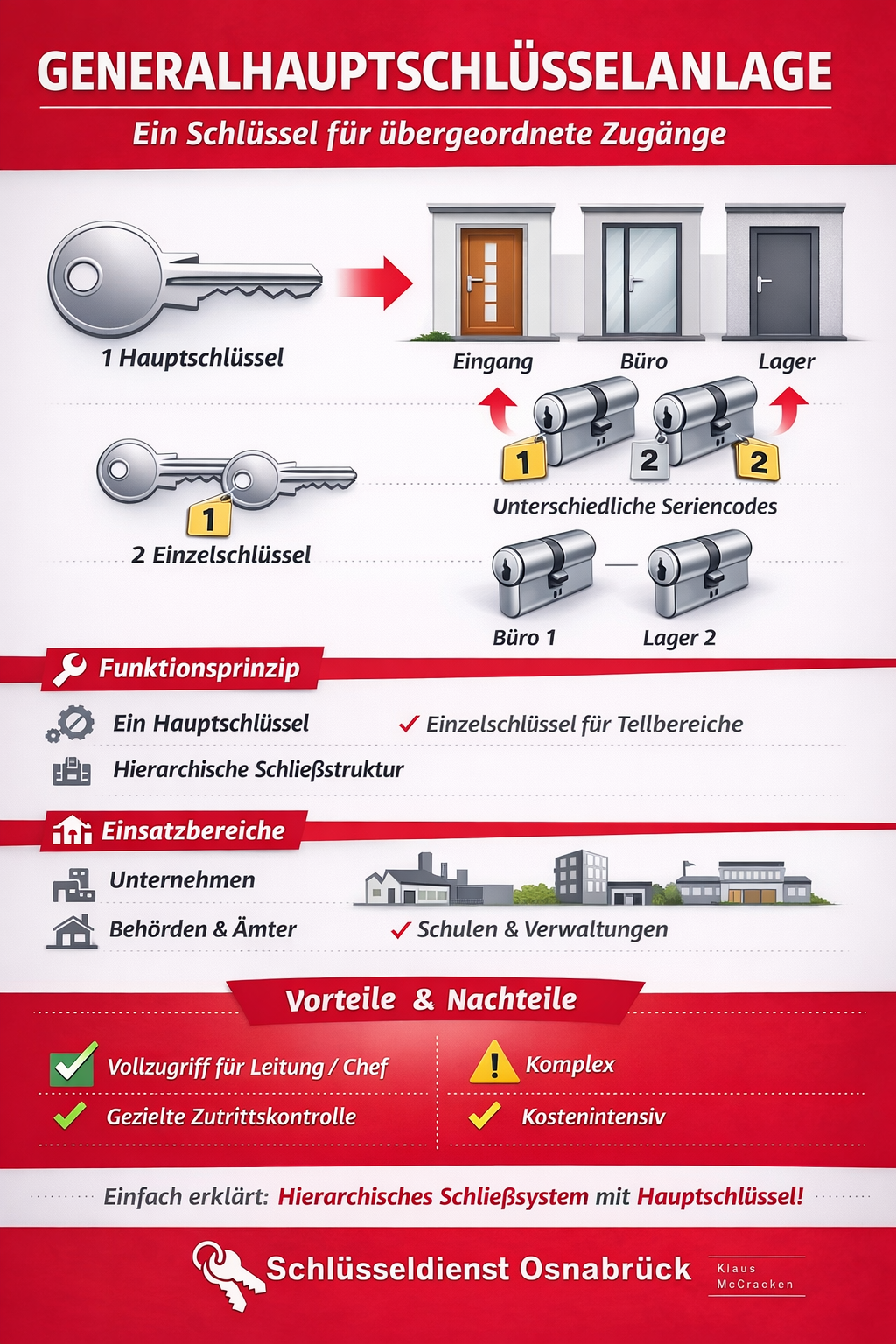 Infografik Generalhauptschlüsselanlage vom Schlüsseldienst Osnabrück Klaus McCracken: Darstellung eines hierarchischen Schließsystems mit mehreren Ebenen, bei dem Einzelschlüssel einzelne Türen öffnen, Gruppenschlüssel bestimmte Bereiche und ein Generalhauptschlüssel alle Türen der gesamten Anlage. Erklärung des Funktionsprinzips, Einsatzbereiche in Unternehmen, Bürogebäuden und öffentlichen Einrichtungen sowie Vorteile wie maximale Zutrittskontrolle und Nachteile wie erhöhtes Risiko bei Verlust des Generalschlüssels.