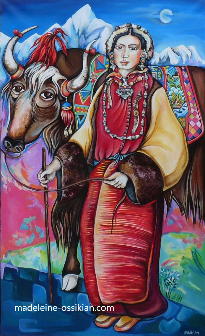 Alexandra David Neel en peinture , location , education , la vie en rose , peinture artiste célèbres , coloré , naif , portrait d'artiste , feminisme en peinture , grand format , pedagogique