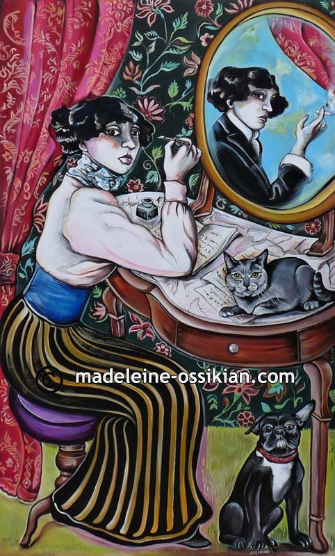 Colette ecrivaine française, bisexuelle, en peinture , location , education , la vie en rose , peinture artiste célèbres , coloré , naif , portrait d'artiste , feminisme en peinture , grand format , pedagogique