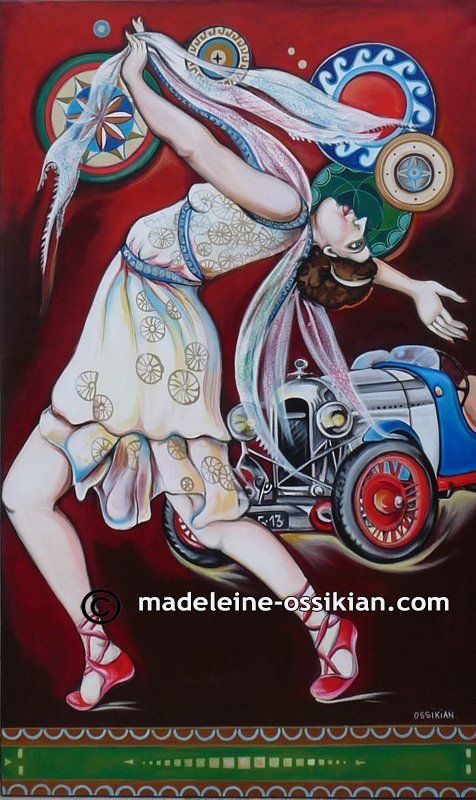 Isadora Duncan, danseuse , mort tragique par etranglement , en peinture , location , education , la vie en rose , peinture artiste célèbres , coloré , naif , portrait d'artiste , feminisme en peinture , grand format , pedagogique