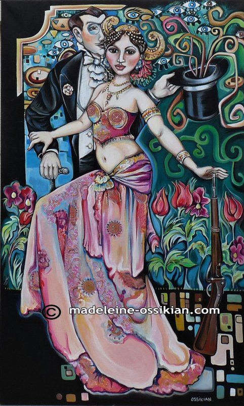 Mata Hari , espionne, fusillée à l'aube ,en peinture , location , education , la vie en rose , peinture artiste célèbres , coloré , naif , portrait d'artiste , feminisme en peinture , grand format , pedagogique