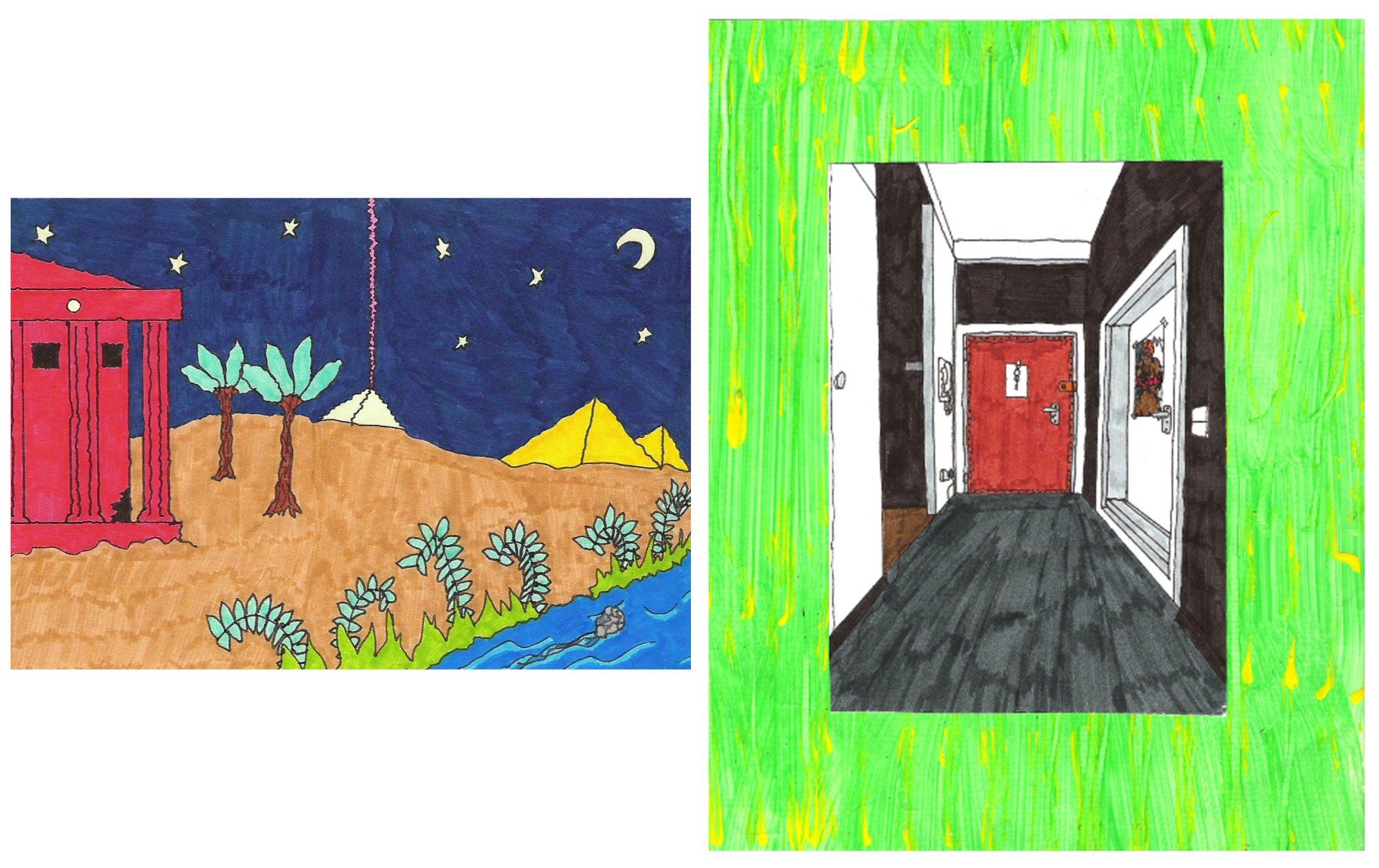 ''Ältere Zeichnungen'' - Bleistift, Fineliner und Fasermaler in Höchstform! Auf 80 g/m2 Papier, auf mit Ölfarben selbstmarmoriertem 90 g/m2 Papier