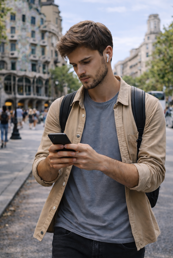 Un chico joven andando por la calle mirando absorto el móvil