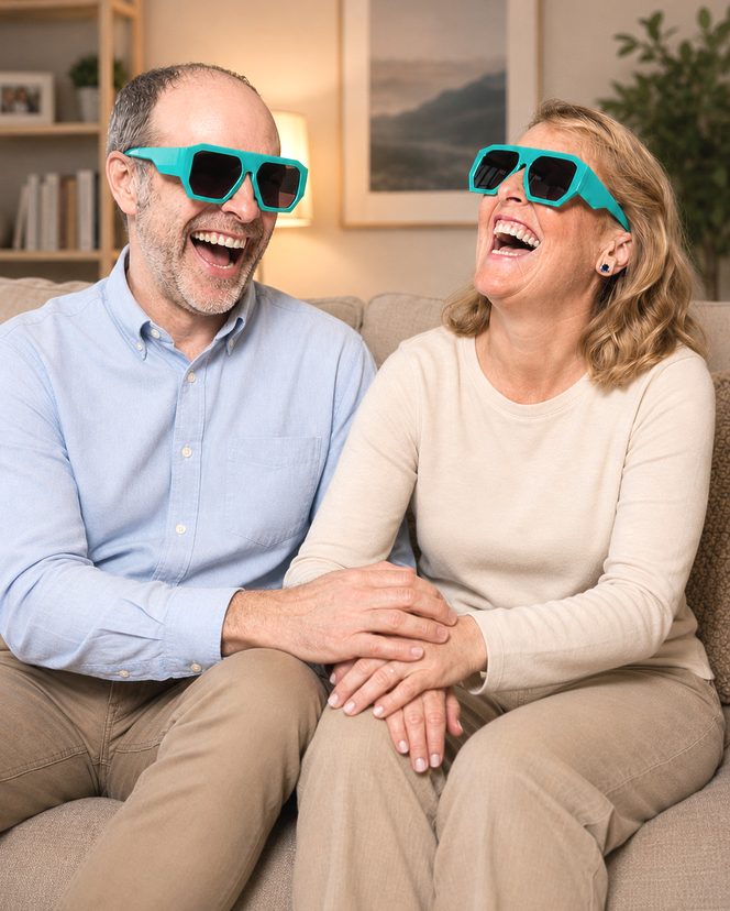 Una pareja de mediana edad con unas gafas verdes con las manos cogidas y riendo juntas a carcajadas