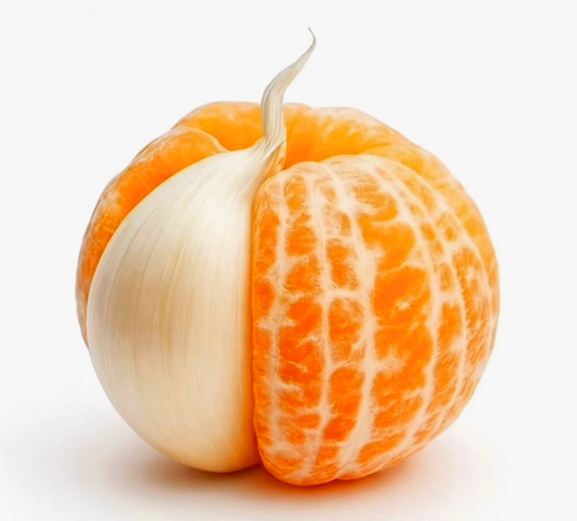 Una mandarina pelada completada con el diente de un ajo