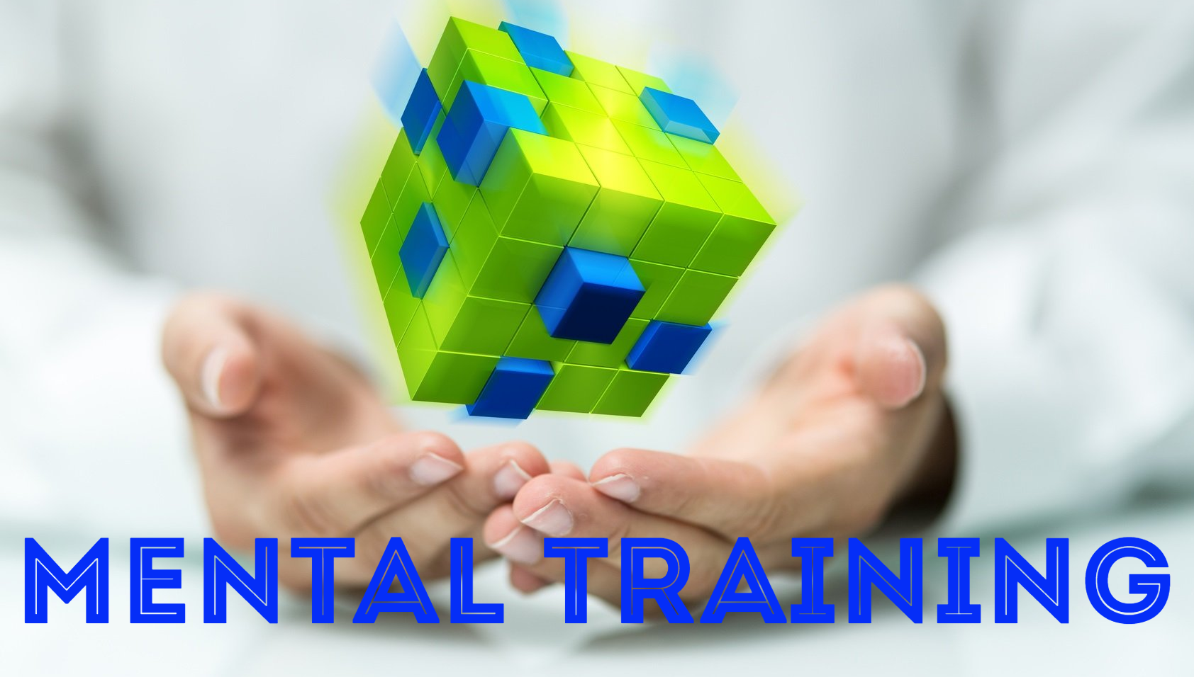 Mental Training, Neuausrichtung, Optimierung, Grüner Cube mit blauen Teilen schwebt über Händen schwebt vor Mann im weißen Hemd. Die blauen Teile des Cube sind verrutscht und müssen neu ausgerichtet werden
