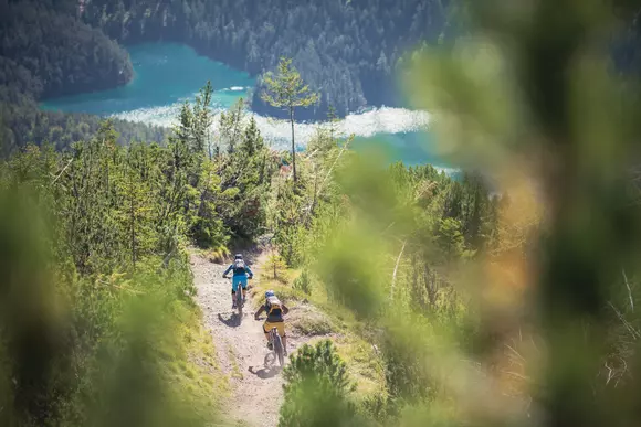 Unscharfer Blick durchs grüne Zweige, Fokus auf zwei Radfahrer auf einem Fahrradweg, im Hintergrund Bergsee und Wald