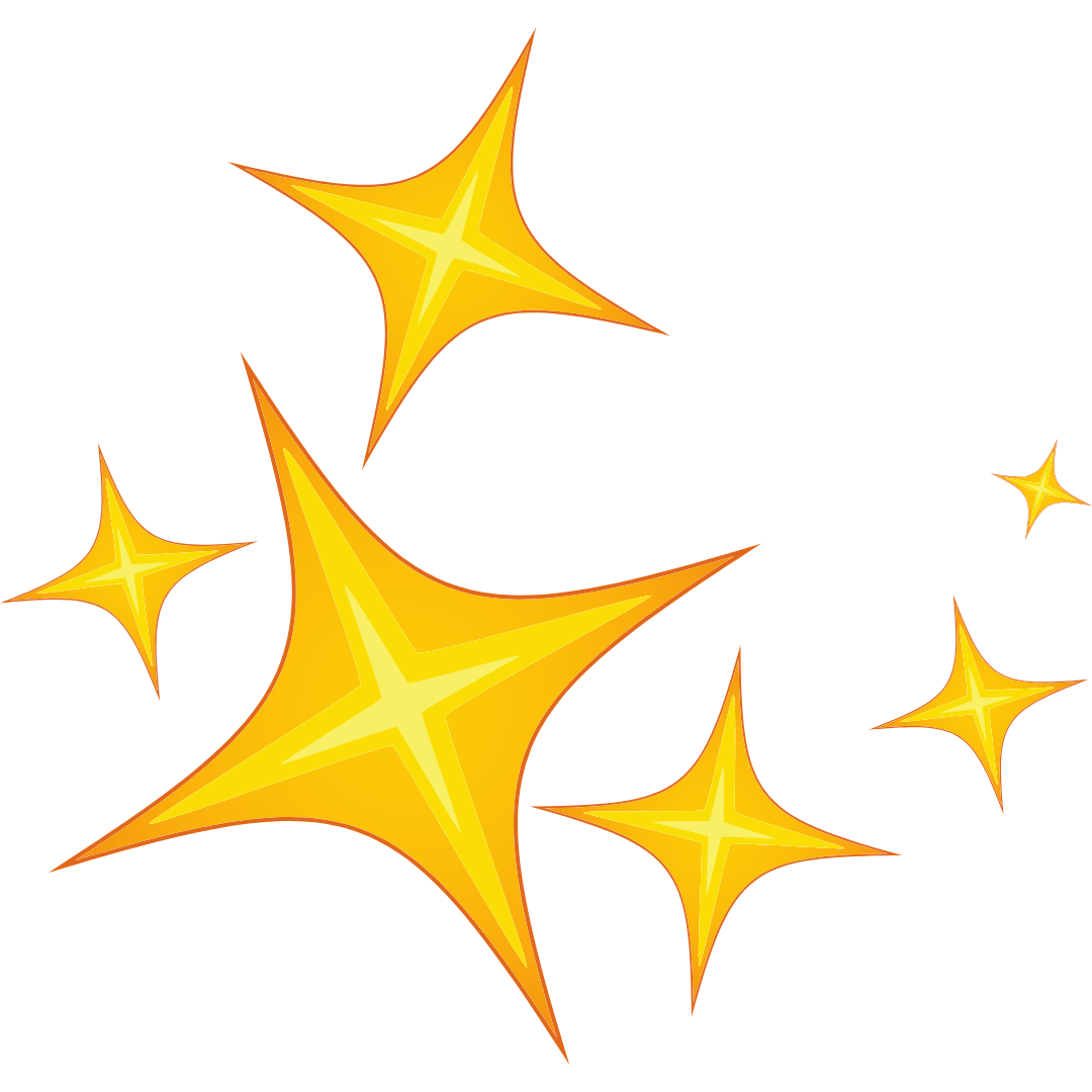 On large golden star surrounded by two medium-sized stars and three smaller ones.