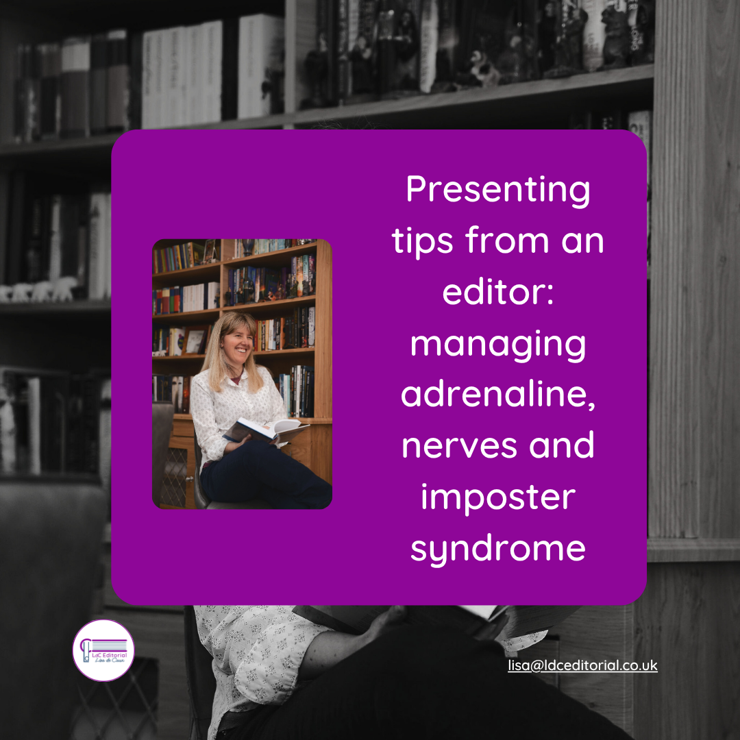 Smiling woman reading. Text on image: Presenting tips from an editor: managing adrenaline, nerves an