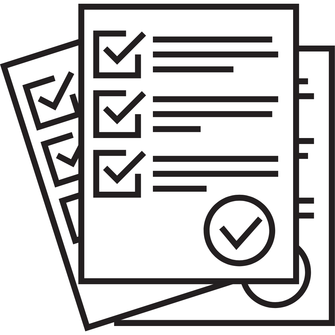 A black-and-white line drawing of multiple overlapping checklists, each containing ticked checkboxes and lines representing text. A magnified ticked checkbox is shown in the foreground.