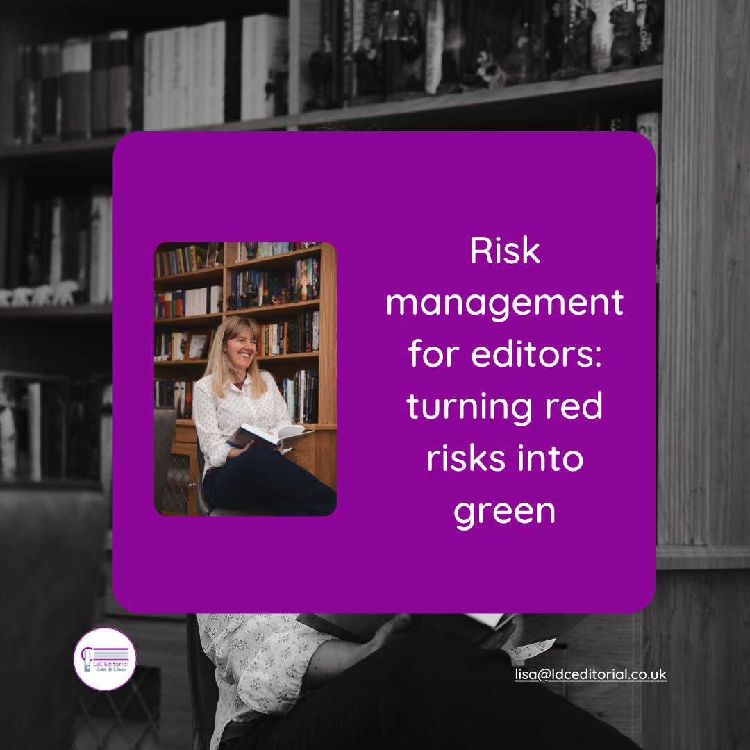 Smiling woman reading. Text on image: Risk management for editors: turning red risks in to green.