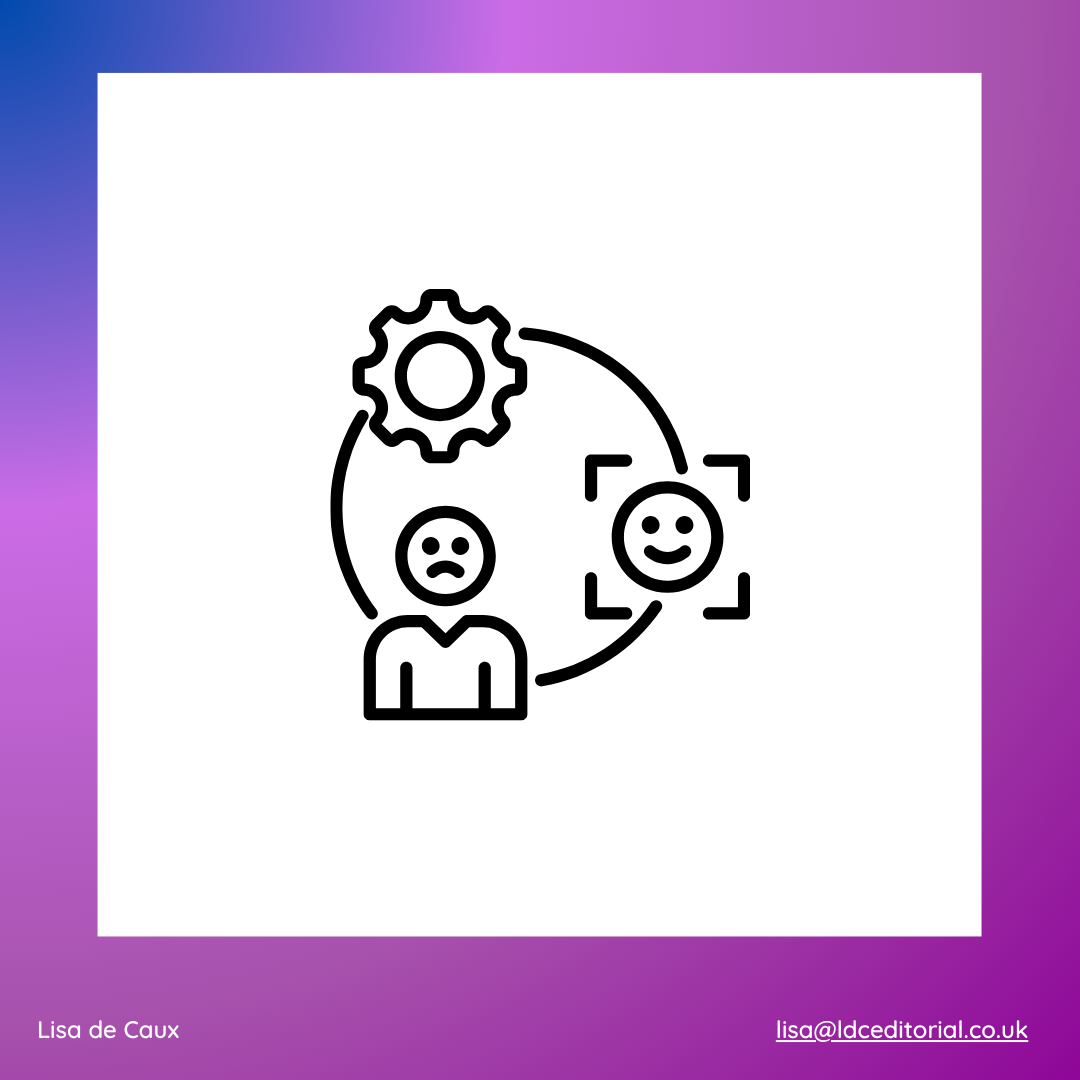 Alt text: Icon showing a sad face turning into a happy face with a gear symbol, representing change or improvement.