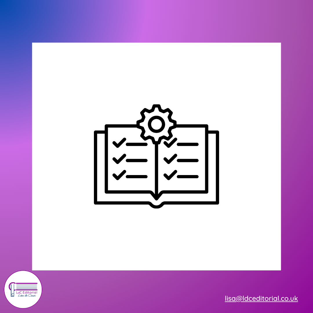 Graphic of open book with check marks and words and a settings cog