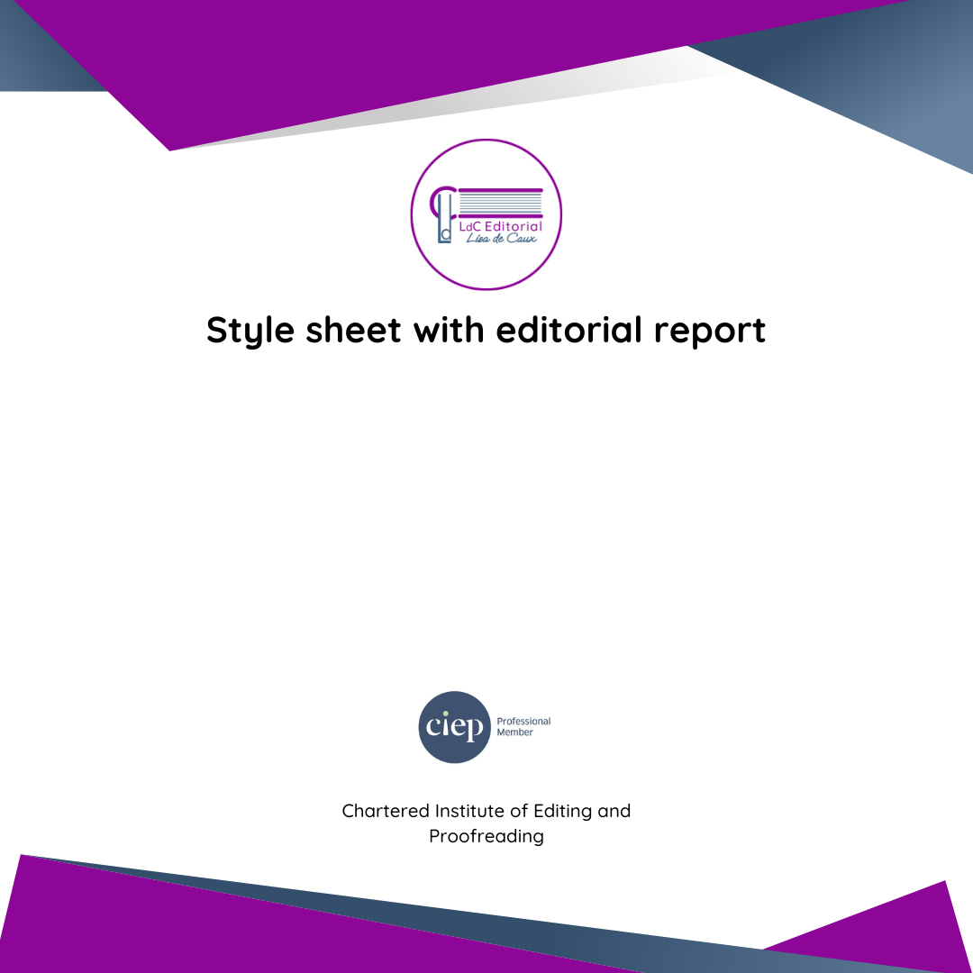 Cover of LdC Editorial's Editorial report Style sheet with editorial report. Purple and blue angular border, LdC Editorial logo, and the CIEP logo indicating professional membership.