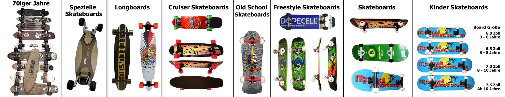 Verschiedene Skateboards Marshall Skateboards: Spezielle Skateboards, Longboards, Cruiser-Boards, Old School Skateboards, Freestyle-Skateboards, Kinder-Skateboards