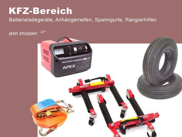 Hier finden Sie Batterieladegeräte, Reifen, Spanngurte, Rangierhilfen etc. Batterieladegeräte Reifen Spanngurte etc.