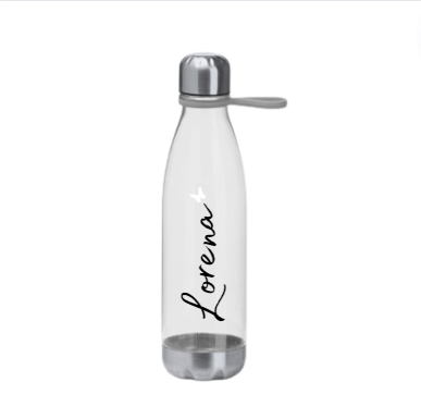 Botella personalizada de plástico con base y tapon de aluminio.