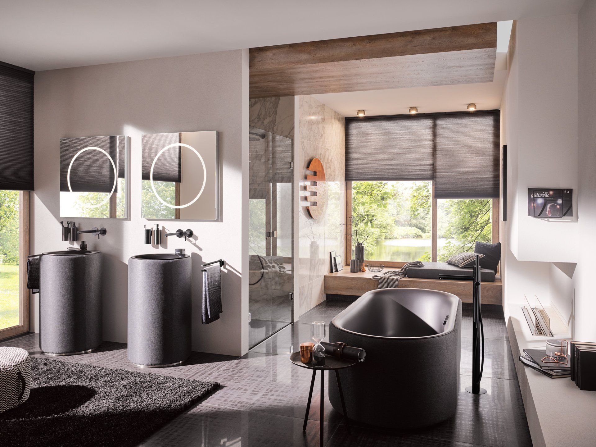 Referenzbild Galeriebild Online-Badausstellung, Sanitär in Göppingen, freistehende Badewanne, zwei Waschtische, Sitzgelegenheit am Fenster mit Jalousette