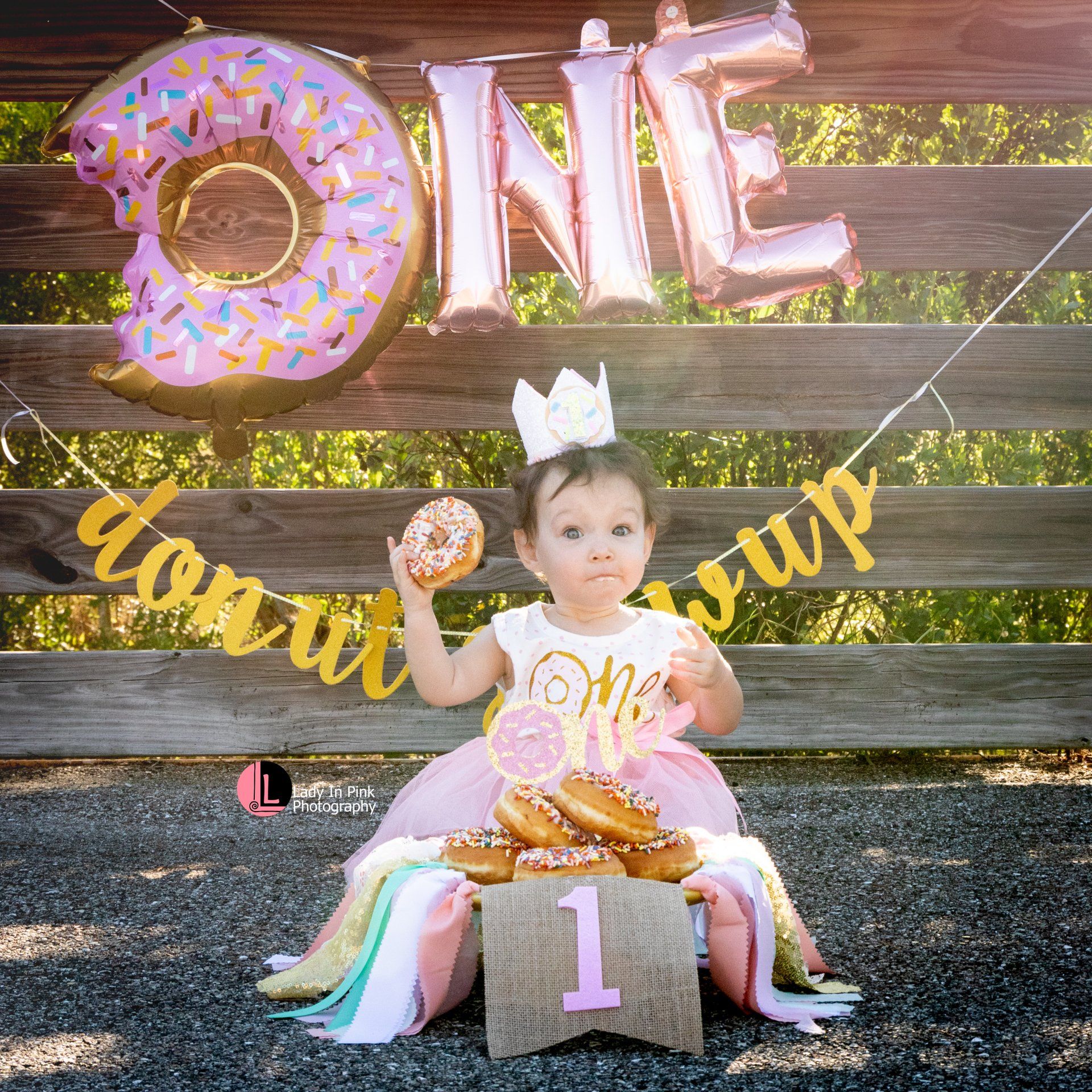 One year smash cake session with doughnuts instead of cake. Trailhead park Lehigh Acres Florida. One if fun. Lady in Pink Photography