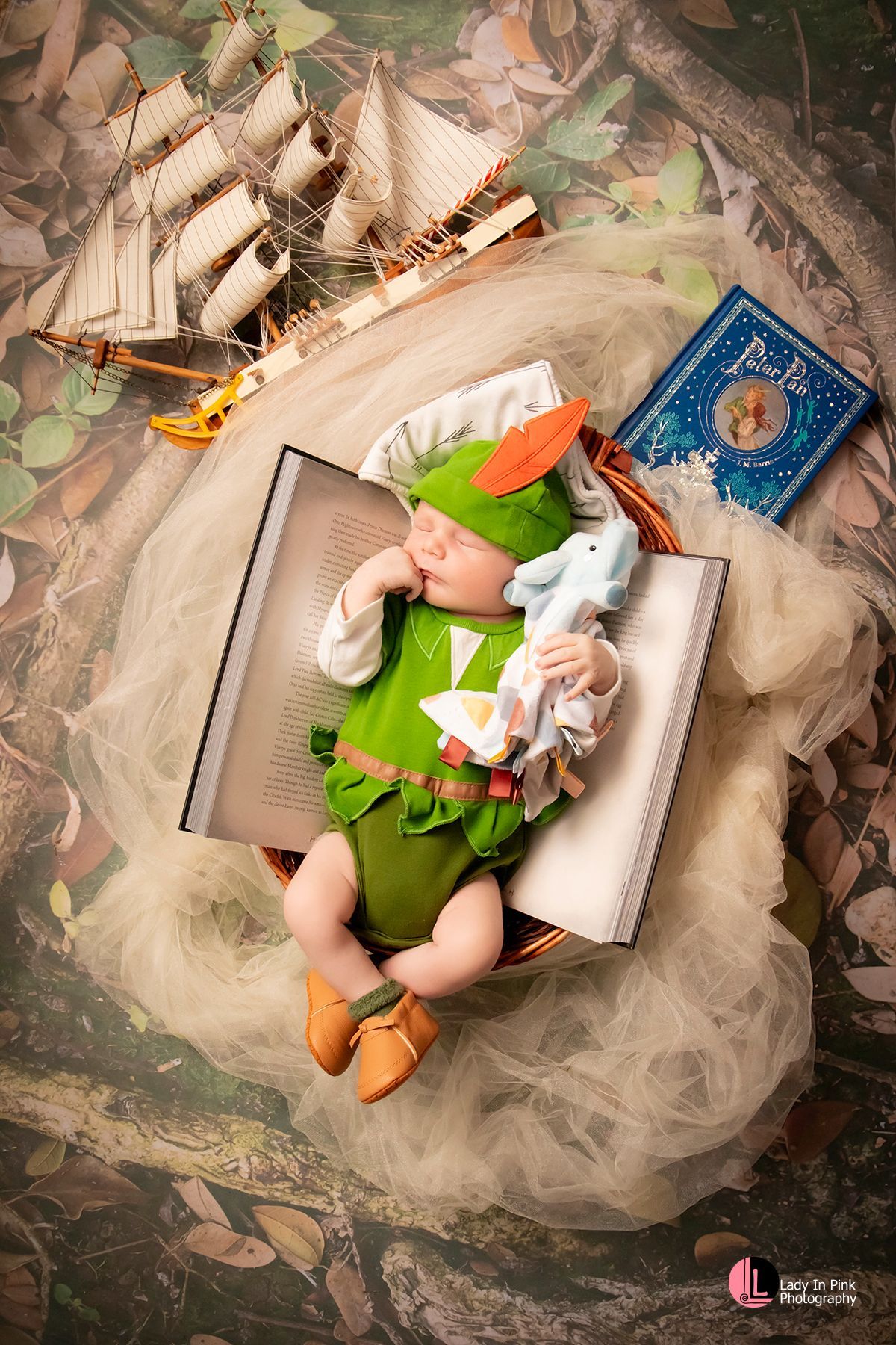 Newborn photography.  Lady in Pink Photography.  Studio photography.  Bookworm baby.  Newborn baby sleeping on a nest of books and clouds with ships floating above as he dreams about adventure.