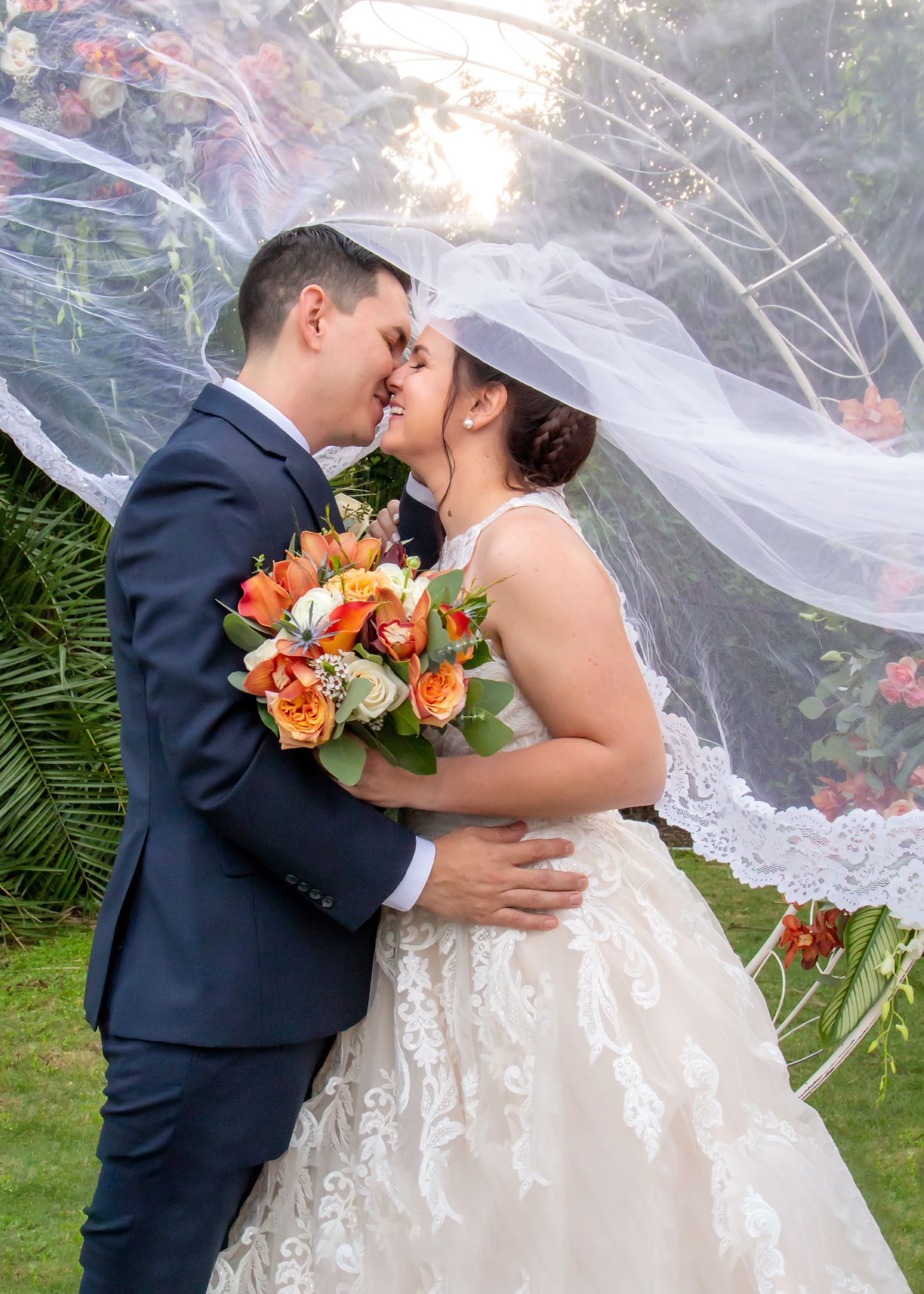 Naples Zoo Wedding. Cathedral Veil. Lace dress. Mens warehouse. Colorful bouquet. Lady in Pink Photography