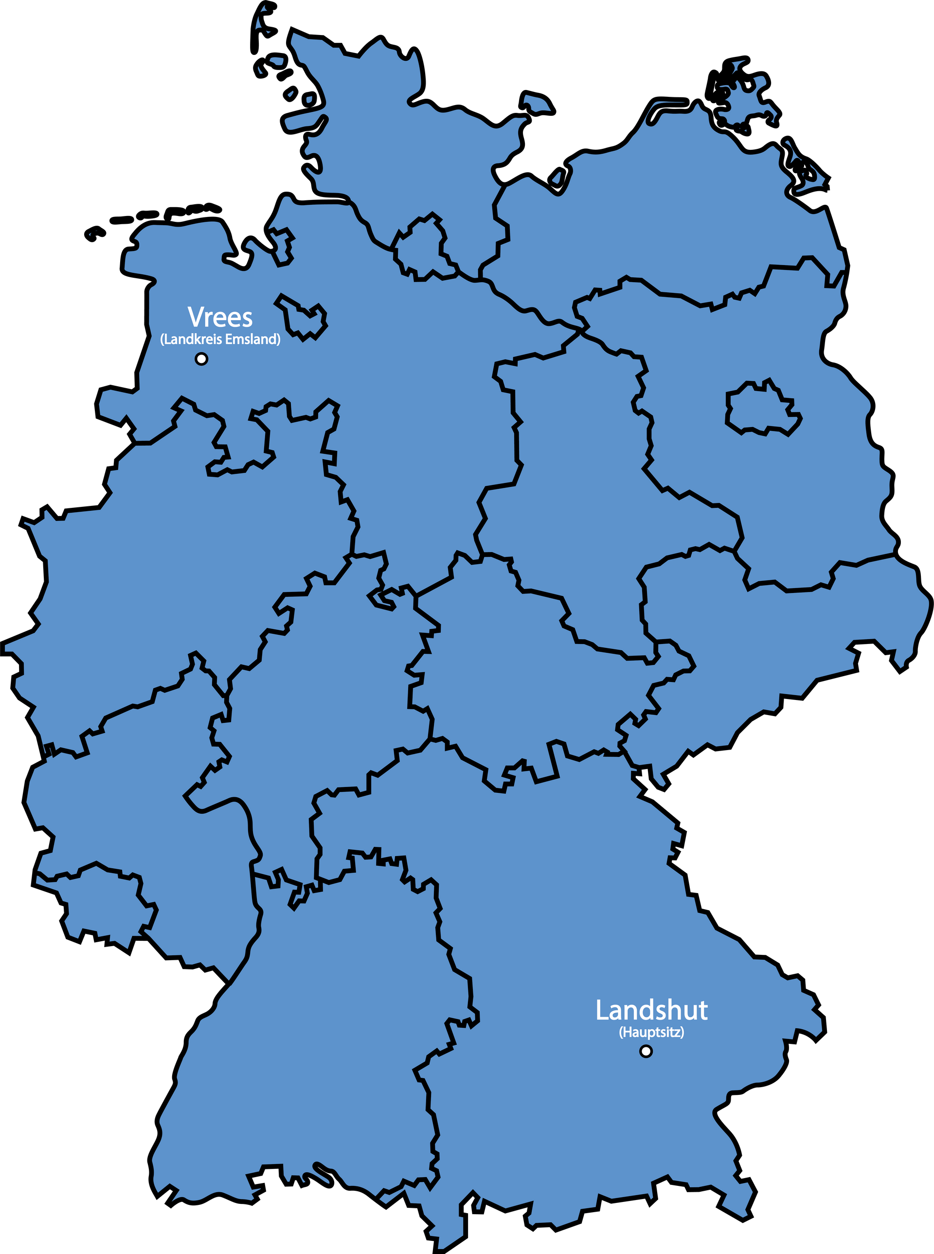 Eine Deutschlandkarte in Blau bei dem die Standorte der Firma zu sehen sind.