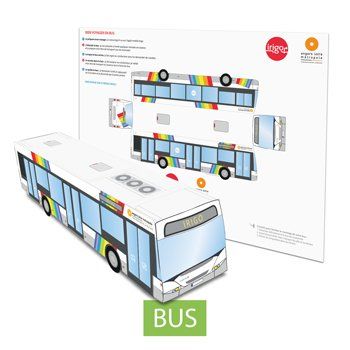Maquette publicitaire en carton prédécoupée d'un bus écologique. Personnalisable et recyclable