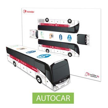 Maquette publicitaire en carton prédécoupée d'un autocar. Personnalisable et recyclable