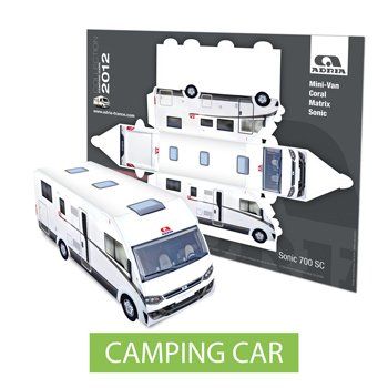 Maquette publicitaire d'un camping-car sous forme de planche en carton prédécoupée. Personnalisable et recyclable