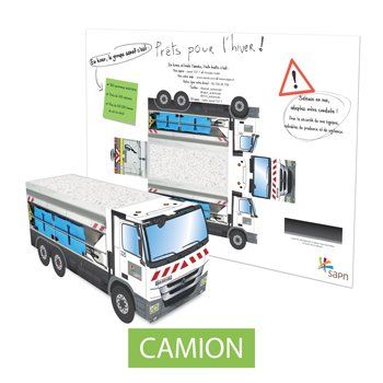 Maquette publicitaire d'une saleuse, camion, sous forme de planche en carton prédécoupée. Personnalisable et recyclable