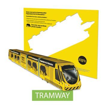 Maquette publicitaire en carton prédécoupée d'un tramway. Personnalisable et recyclable