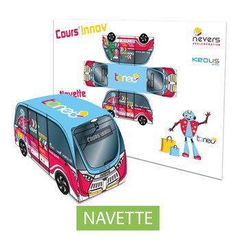 Maquette publicitaire d'une navette autonome sous forme de planche en carton prédécoupée. Personnalisable et recyclable