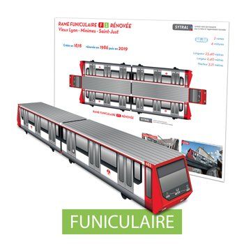 Maquette publicitaire en carton prédécoupée d'un funiculaire. Personnalisable et recyclable