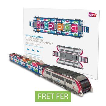 Maquette publicitaire en carton prédécoupée d'un train de fret automobile. Personnalisable et recyclable