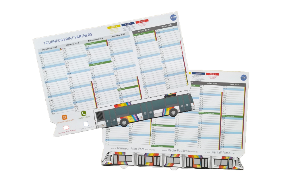 Calendrier publicitaire en carton souple recyclable découpés à la forme train, bus, tramway, camion, personnalisable