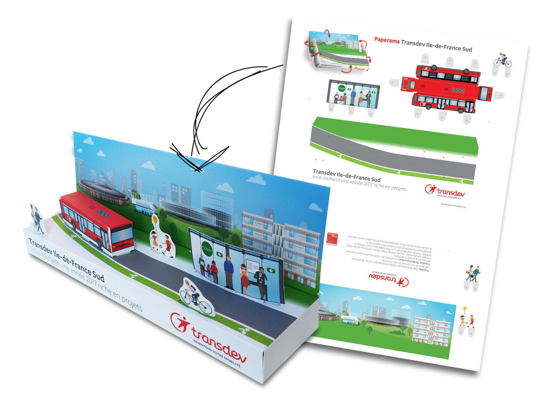 Maquette publicitaire paperama volume 3d en carton recyclable, train, bus, tramway, car. Prédécoupée et personnalisable